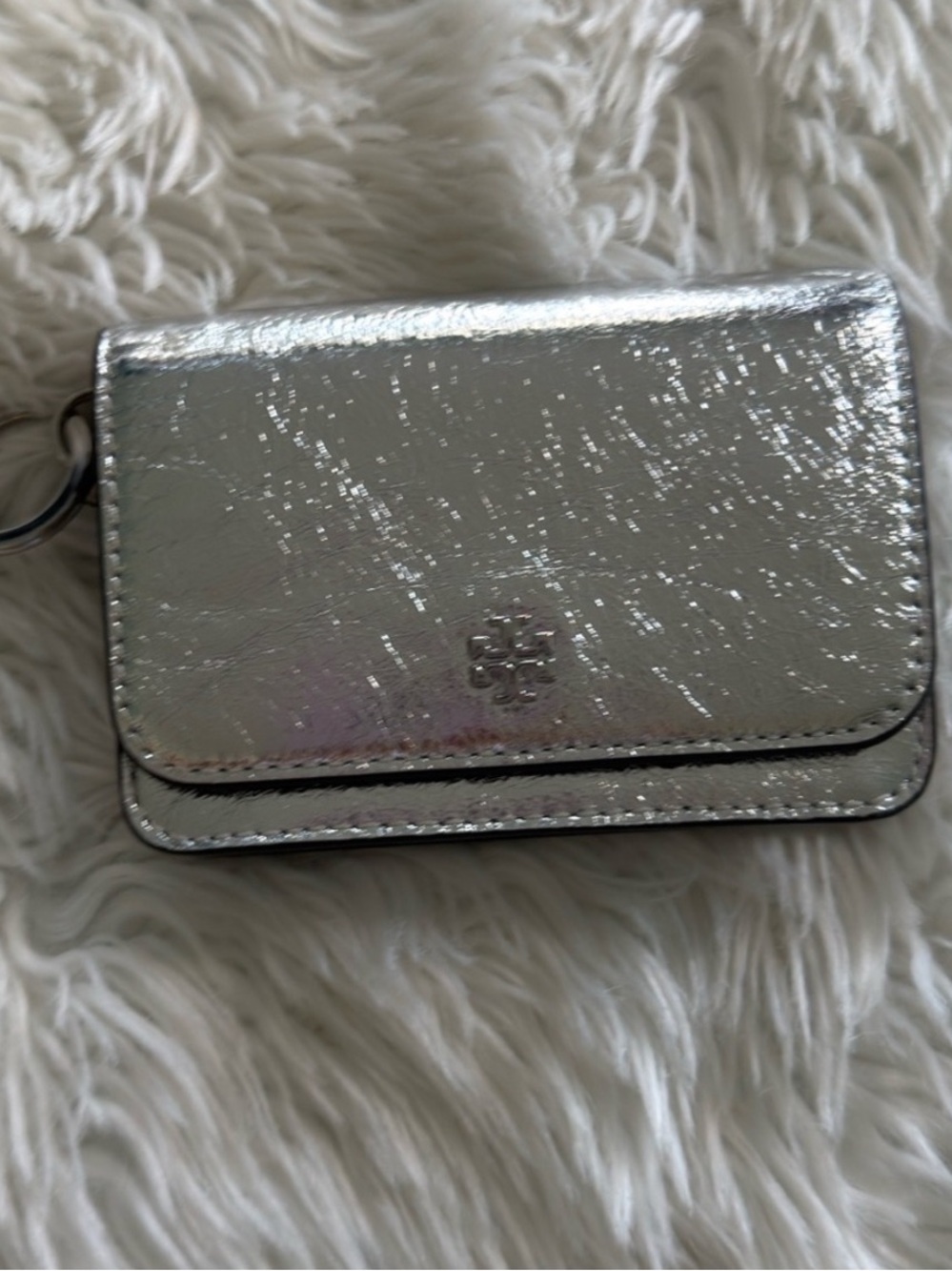 Tory Burch Metallic Silver Thea Zip Card Case with Key Ring and Clip